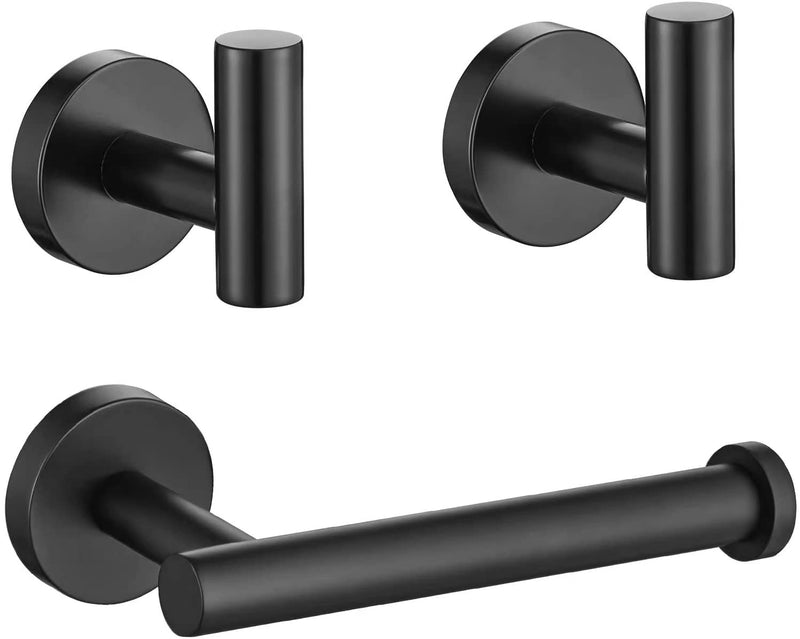 Matte Black Bathroom Hardware Set, Premium Stainless Steel 3-Piece Include 5 Inch Toilet Paper Holders and 2 Towel Robe Holder Hook for Bathroom, Kitchen, Washroom Wall Mount