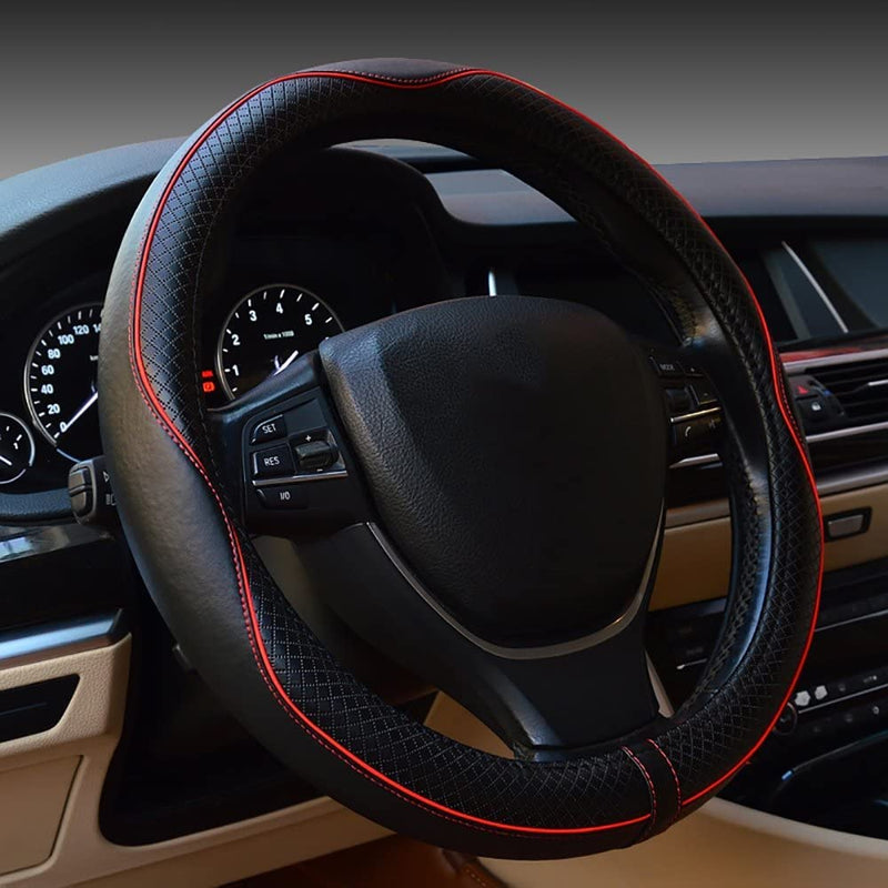 Car Steering Wheel Cover, Anti-Slip, Safety, Soft, Breathable, Heavy Duty, Thick, Full Surround, Sports Style (Black with Red line) Black with Red line
