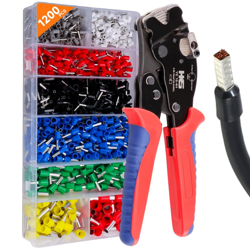 HKS Ferrule Crimping Tool Kit AWG 30-5 - Fixable Range with 1200PCS Red Copper Terimnals, Square Self-Adjusting Ratchet Crimper for End-Sleeves (16-4H with 1200PCS Kit) 16-4H Ferrules Kit