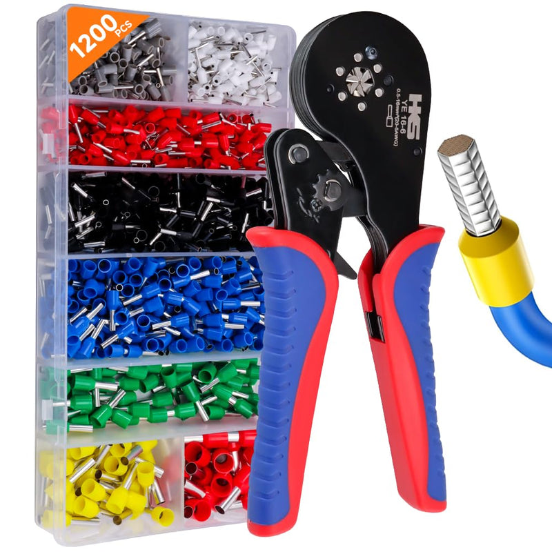 HKS Ferrule Crimping Tool Kit AWG 30-5 with 1200PCS Red Copper Terimnals, Hexagonal Self-Adjusting Ratchet Crimper for End-Sleeves (16-6 with 1200PCS Kit) 16-6 Ferrules Kit