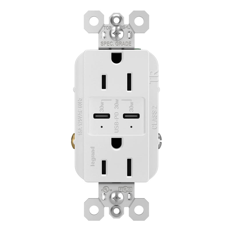 Legrand Radiant R26USBPDW 15 Amp Tamper-Resistant Decorator Duplex Receptacle Outlet with Fast USB C/C 6.0A Charging Ports Plus 30W Power Delivery, White (1 Count) 1 Pack