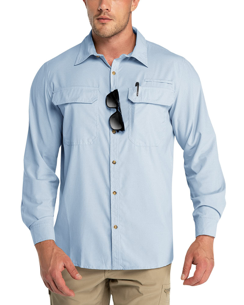 Outdoor Ventures Men's UPF 50+ UV Sun Protection Shirt, Long Sleeve Hiking Fishing Shirt Cooling Quick Dry for Safari Travel Light Blue X-Large