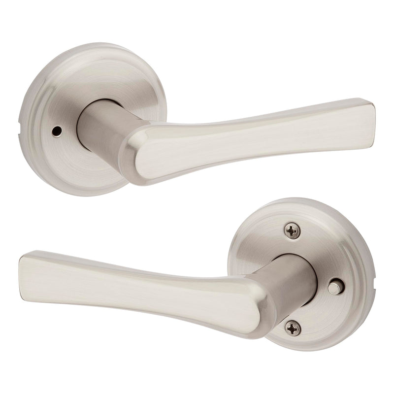 Kwikset Katella Interior Privacy Door Handle with Lock, Door Lever For Bathroom and Bedroom, Satin Nickel Reversible Keyless Push Button Lock Door Lever, with Microban Protection