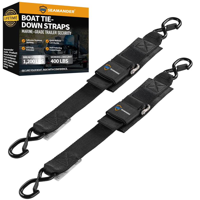 Seamander Boat Tie Down Straps to Trailer - Marine Grade Adjustable Boat Trailer Straps for Boat, Jet Ski, & More with Safety Clips 2 Inch x 48 Inch Black(Safety Clips) 2"W*48"L
