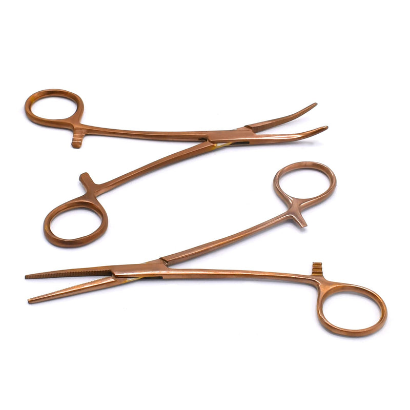 Set of 2 Curved & Straight 6.25" Hemostat Set (Rose Gold) - Stainless Steel Locking Tweezer Clamps - Ideal Hemostats for Nurses, Fishing Forceps, Crafts and Hobby