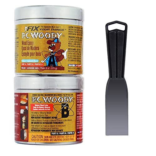 PC Products PC-Woody Wood Repair Epoxy Paste Kit with Mixing Tool, Two-Part 6 oz in Two Cans, Tan (83321) 6 oz with Tool