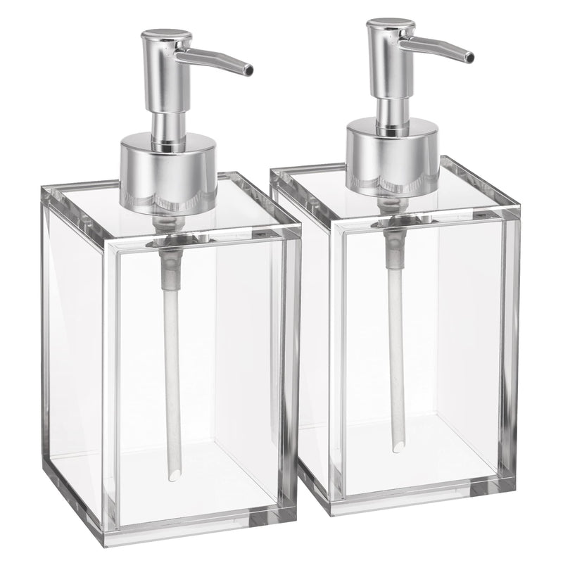 Clear Acrylic Reusable Kitchen & Bathroom Hand Sanitizer Dispenser with Rust Proof Stainless Steel Pump, Square Soap Dispenser Set | 12 oz, 2 Pack Clear 2 Pack / Soap Dispenser
