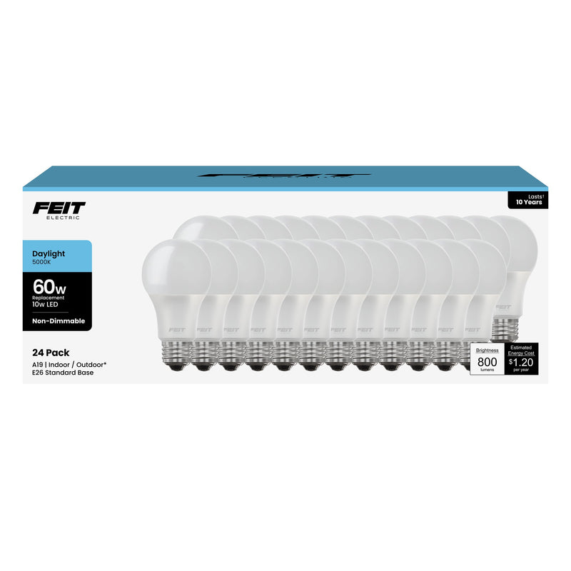 Feit Electric A19 LED Light Bulbs, 60W Equivalent, Non Dimmable, 800 Lumens, E26 Standard Base, 5000k Daylight, 80 CRI, 10 Year Lifetime, Energy Efficient, 24 Pack, A800850/10KLED/MP/24 24 Count (Pack of 1) 60-Watt LED