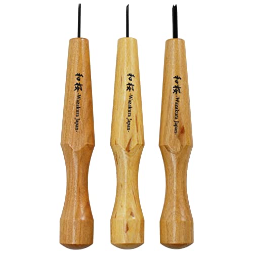 Wazakura 3PCS Bonsai Chisel Kit with Round Gouge, Single Bevel Skewed and V-Parting Tool, Hand Carving Tool Set for Jin Shari Making, Woodworking Knife Pack - Mini Size L6.22× W2.13× H0.71inch