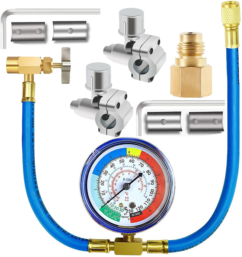 R134A Refrigerator Freon Recharge Hose Kit, R134A AC Refrigerant Charging Hose Gauge, Bullet Piercing Valve Hose Refrigerant Can Tap, R134a Self-Sealing Adapter for Home AC Refrigerant System 4