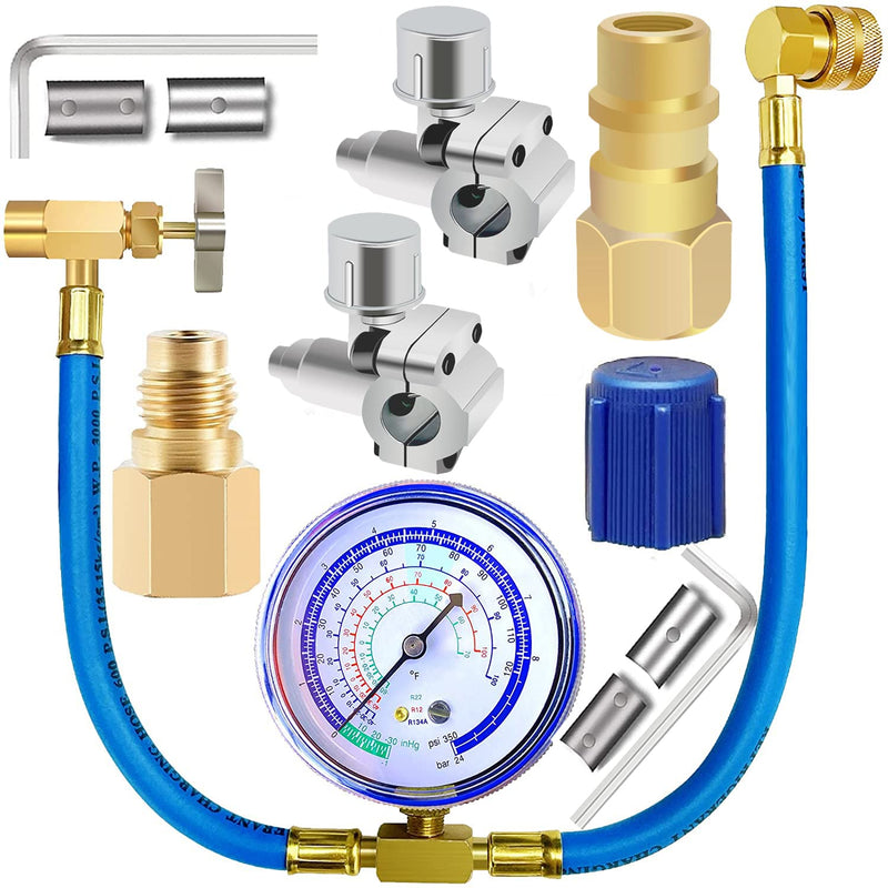Refrigerator Freon Recharge Hose with Gauge Kit-A/C R134a R12 R22,Universal Retrofit Valve,with BPV31 Bullet Piercing Tap Valve,R134a Self-Sealing Adapter for Home/Car A/C Refrigerant System (5) 5