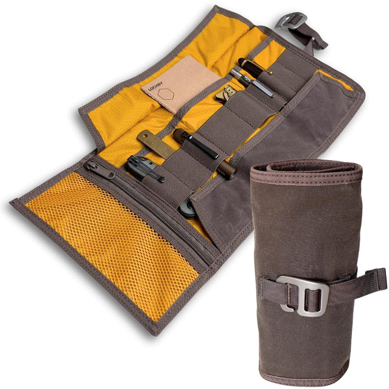 LOCHBY® Art & Electronic Organizer | EDC Roll-Up Tool Bag for Pen Lovers & Tech | Multi-Pocket with Elastic Loops for Pens, Cables, External Hard Drives | Stylish Waxed Canvas & Durable Aluminum Hooks Brown