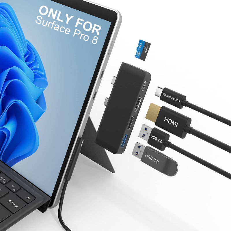 Surface Pro 8 Hub Docking Station with USB-C Thunerbolt 4 (Display+Data+PD Charging), 4K HDMI, USB 3.0, USB 2.0, TF Card Slot, Triple Display (Surface Pro 8+HDMI+USB C) for Microsoft Surface Pro 8 Black