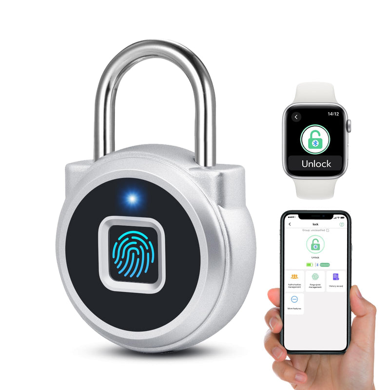 Fingerprint Lock, Dhiedas Gym Lock, Bluetooth Lock, Small Fingerprint Padlock with Keyless, Weatherproof Smart Lock for Gym Locker School Suitcase Cabinet Luggage Storage and Fence Silver 1'' shackle