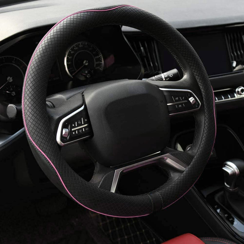 Rueesh Microfiber Leather Steering Wheel Cover Anti-Slip Matte Finish Auto Car Wheel Cover Universal 15 Inch Wheel Cover for Car Embossing Pattern (Pink Line) M (14.5"-15" Diameter) Pink Line