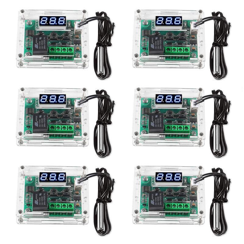 6pcs W1209 DC 12V Digital Temperature Controller Board Blue Digital Display Thermostat -50-110°C Electronic Temperature Temp Control Module Switch with Waterproof Case 6pcs Blue