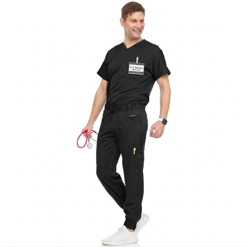 Medichic Men's Workwear Stretch V-Neck Scrub Joggers Set with Seven-Pocket Pants, Available in 6+ Colors Black Medium