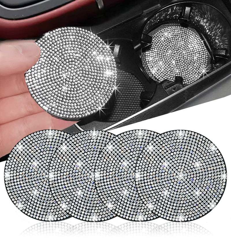 NBTEPEM 4pcs Bling Car Cup Holder Coaster, 2.75 inch Anti-Slip Shockproof Universal Fashion Car Coasters Insert Bling Crystal Rhinestone Automotive Interior Accessories for Women (4 pcs, White) 4 pcs