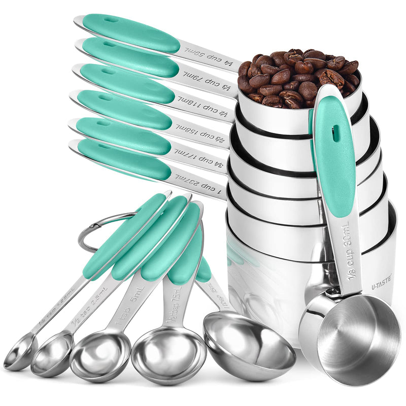 Measuring Cups and Spoons Set: U-Taste 18/8 Stainless Steel 12 Pieces Metal Stacking Kitchen Baking Cooking Food Measure Set 7 Cups 5 Spoons with Strengthened Weld Joints (Aqua Sky) Aqua Sky