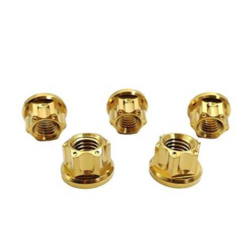 RISON Titanium Nuts M6 M8 M10 M12 Nut Hex Flange Bolt Screw Nut for Locomotive and Motorcycle Bicycle Car Boat Brake Accessories Titanium Fasteners Titanium Nut Pack of 5 (M8, Gold) Black,Blue,Gold,Rainbow