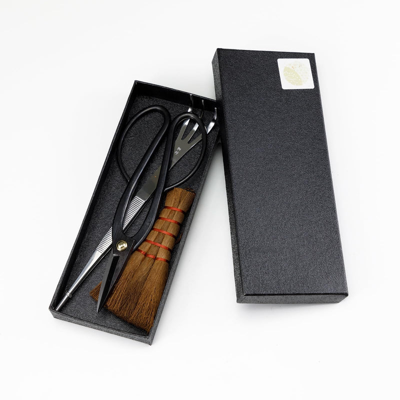 Wazakura Japanese Bonsai Garden 3PCS Tool Starter Kit, Made in Japan, Ashinaga Bonsai Scissors, Stainless Tweezers with Rake, Chinese Broom. Beginner Set with Shears, Tweezers and Soil Brush 3PCS Bonsai Set with Ashinaga Scissors