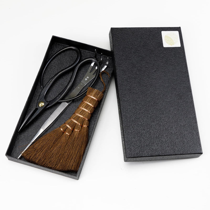 Wazakura Japanese Bonsai Garden 3PCS Tool Starter Kit, Made in Japan, Traditional Bonsai Scissors, Stainless Tweezers with Rake, Chinese Broom. Beginner Set wit Tweezers, Shears and Brush 3PCS Bonsai Set with Bonsai Scissors
