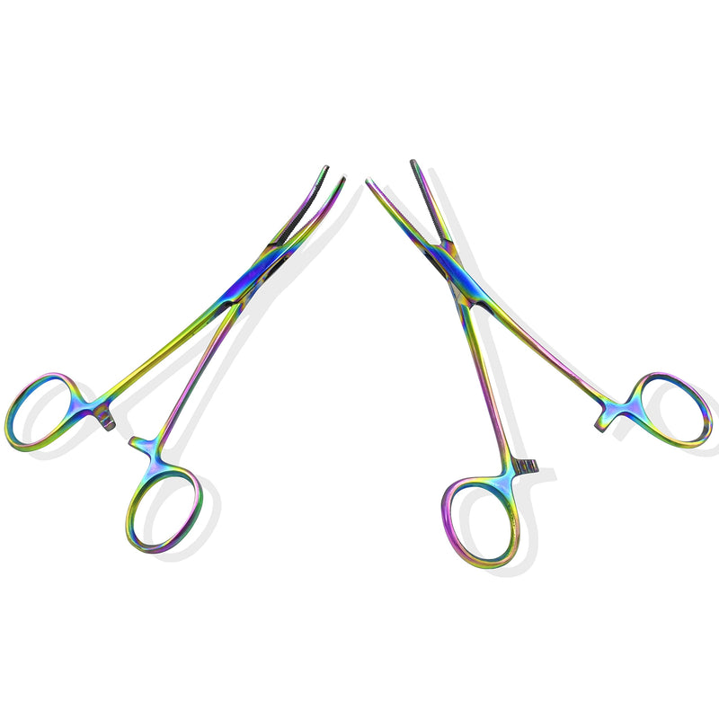 2 Hemostat Curved and Straight Hemostat Forceps Piercing Pliers Multi Color Rainbow Forceps with Serrated Jaws, 5.5 Inch Stainless Steel Straight and Curved Pliers,Fishing Tweezer Hemostats