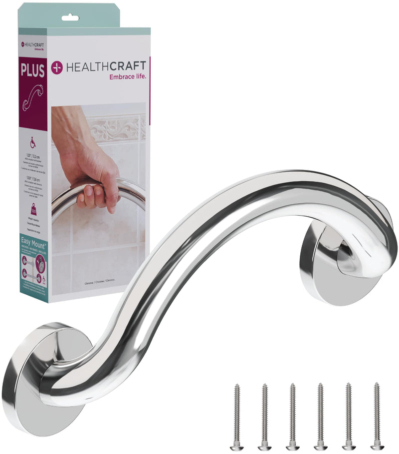 HEALTHCRAFT Plus Crescent Grab Bar 14.3", ADA Bath Safety - Polished Chrome | Curved crescent design, concealed screws, decorative safety bar
