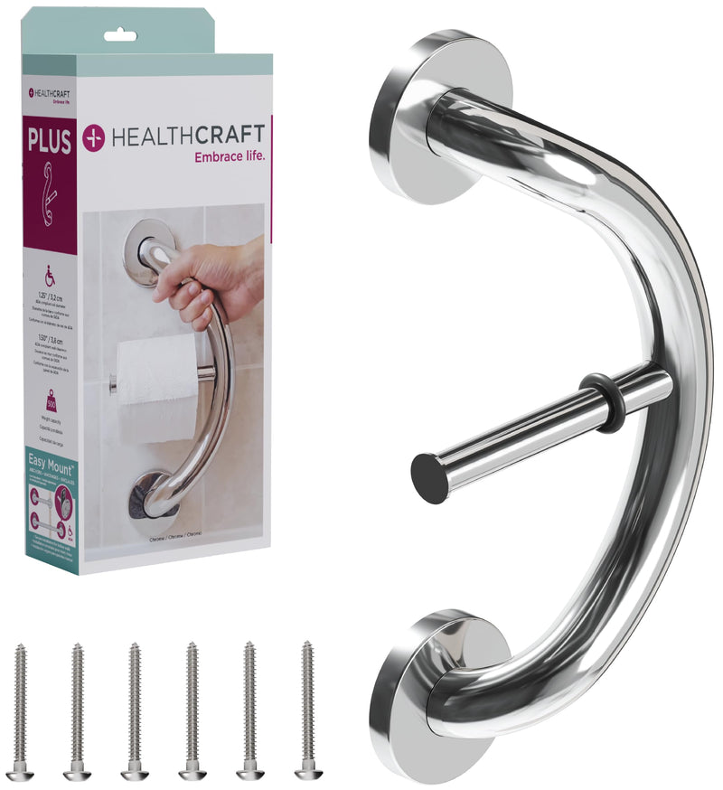 HEALTHCRAFT Plus 2-in-1 Toilet Paper Holder and Grab Bar (14 Inch) | ADA Compliant Safety Grab Bar for Seniors, Wall-Mounted, Supports Up to 500 lbs in Polished Chrome