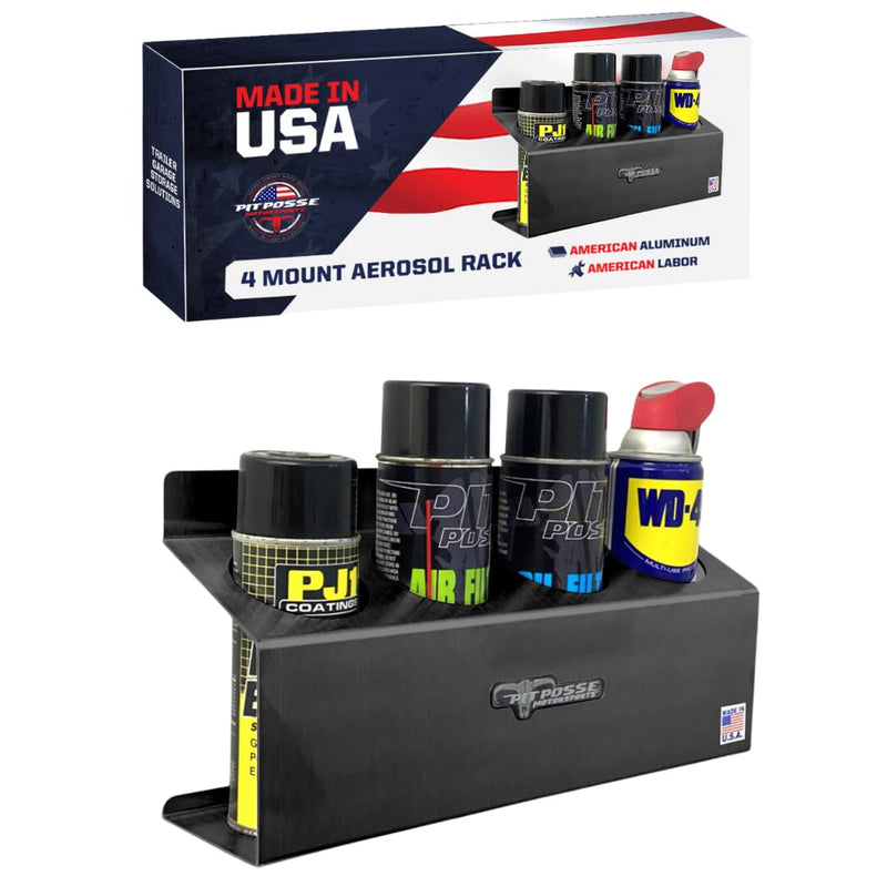 Pit Posse 303BK Four Bottle Aerosol Spray Can Rack Shelf Holder 15.5" Caddy - Made in USA - Aluminum Enclosed Trailer Shop Garage Storage Organizer - Mounting Hardware Included (Black) Black