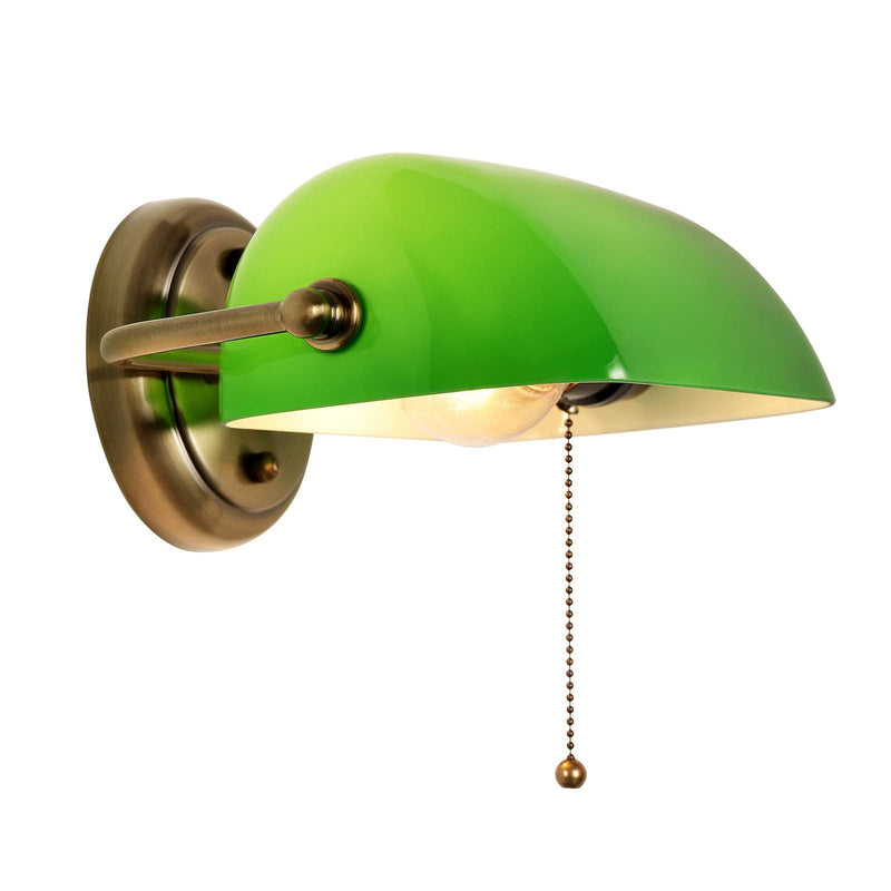FIRVRE Vintage Wall Sconces with Bankers Lamp Shade, Indoor sconces Wall Lighting with Retro Pull Chain Switch for Bedroom Corridor Library Green