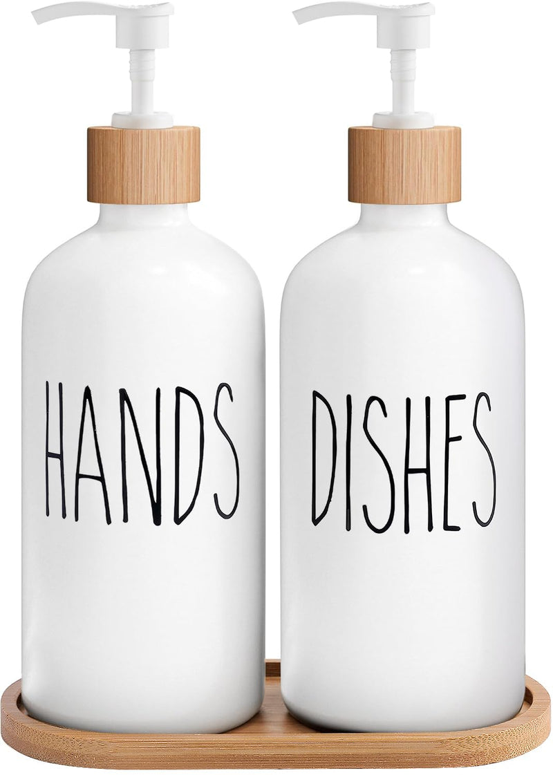 MOMEEMO White Soap Dispenser Set, Contains Hand and Dish Soap Dispenser, Suitable for Kitchen Decor. (White) Hd White & Tray