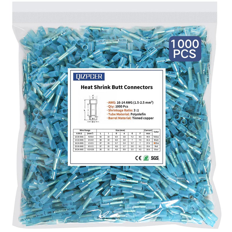 1000 Pcs Heat Shrink Butt Connectors, 16-14 AWG Waterproof Electrical Crimp Wire Splice for Marine, Cable, Wiring 16-14 AWG (Blue)
