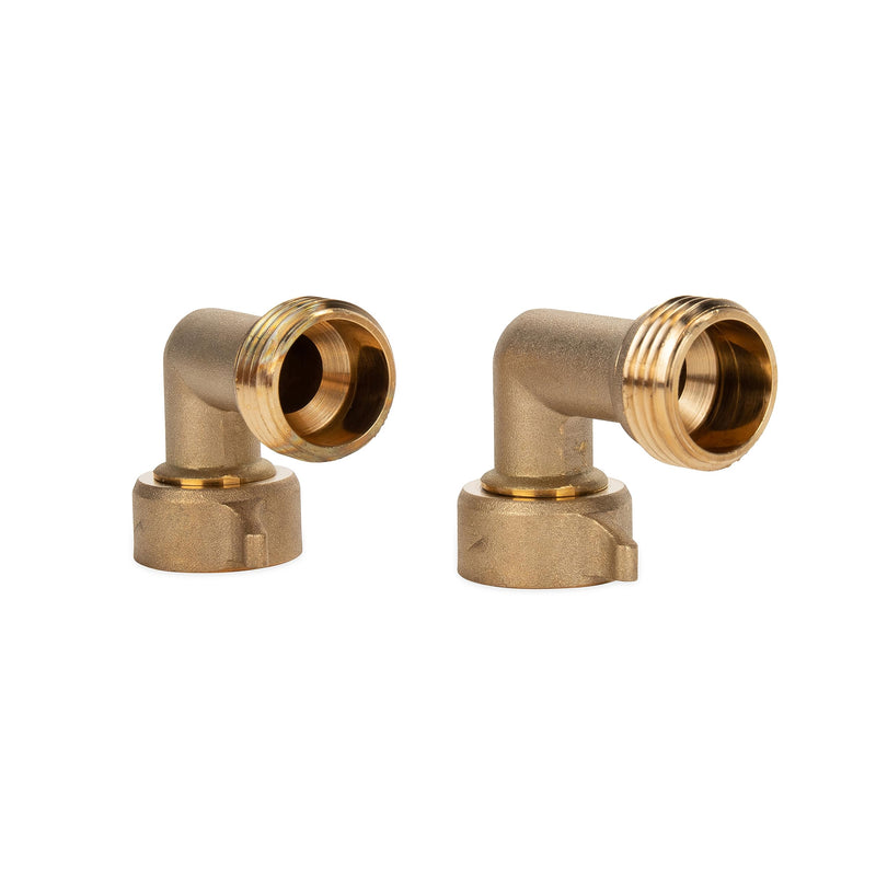 Camco 90-Degree Hose Elbow For RVs — Solid Brass Construction— Certified Lead-Free — Features Convenient Easy Grip Connector — For RV Water Hoses, Residential Outdoor Faucets, & More — 2-Pack (22507) 90 Degree Hose Elbow