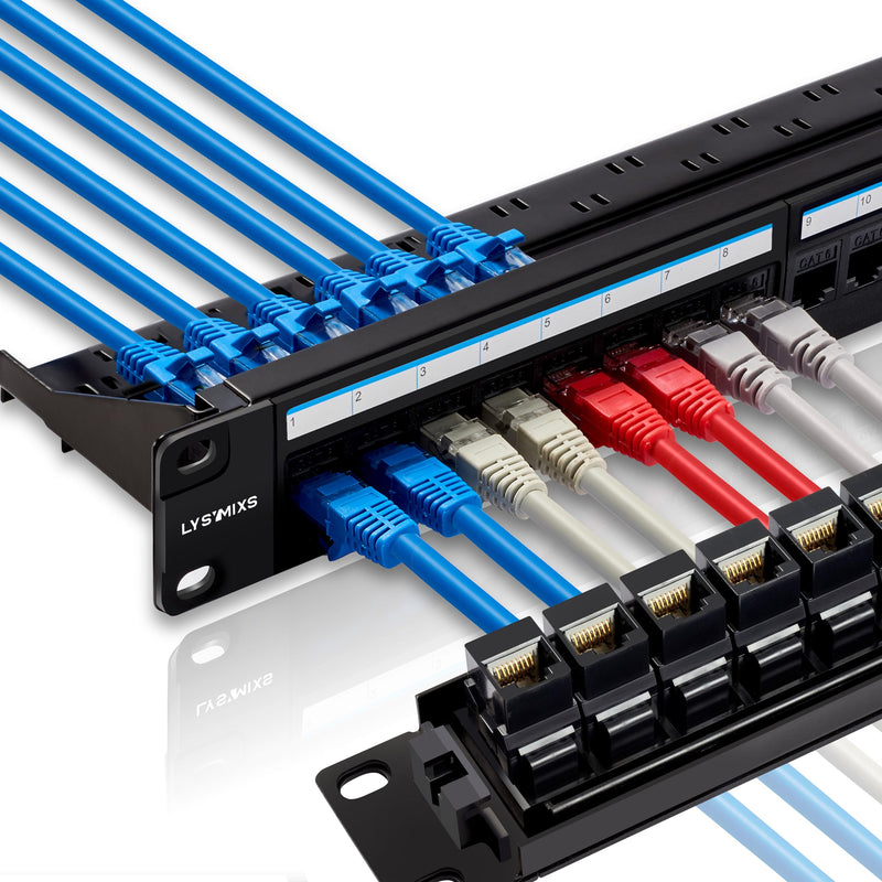 24 Port RJ45 Patch Panel Cat6 Feed Through, Coupler Network Panel 19 Inch, Inline Keystone Ethernet Patch Panel with Back Bar Black 24port