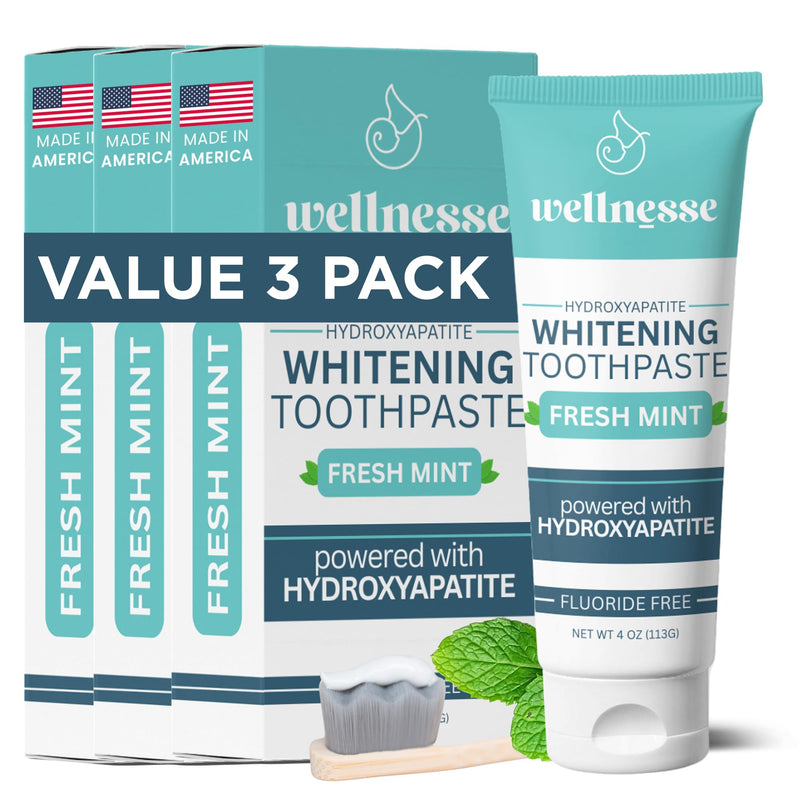 Wellnesse Hydroxyapatite Toothpaste, Fluoride Free, Whitening Toothpaste, Remineralizing Enamel Care, Xylitol Formula for Sensitive Teeth and Daily Oral Care, Fresh Mint, 4 Oz, Pack 3 4 Ounce (Pack of 3)
