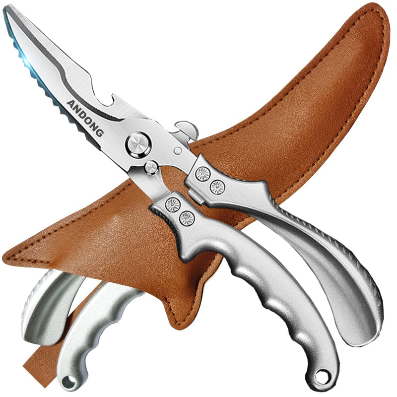 ANDONG Heavy Duty Professional Poultry Shears -Stainless Steel Kitchen & Meat Scissors with Leather Sheath, Dishwasher Safe Spring Loaded Utility Shears for Cooking, Butchering, Cutting Plus Silver