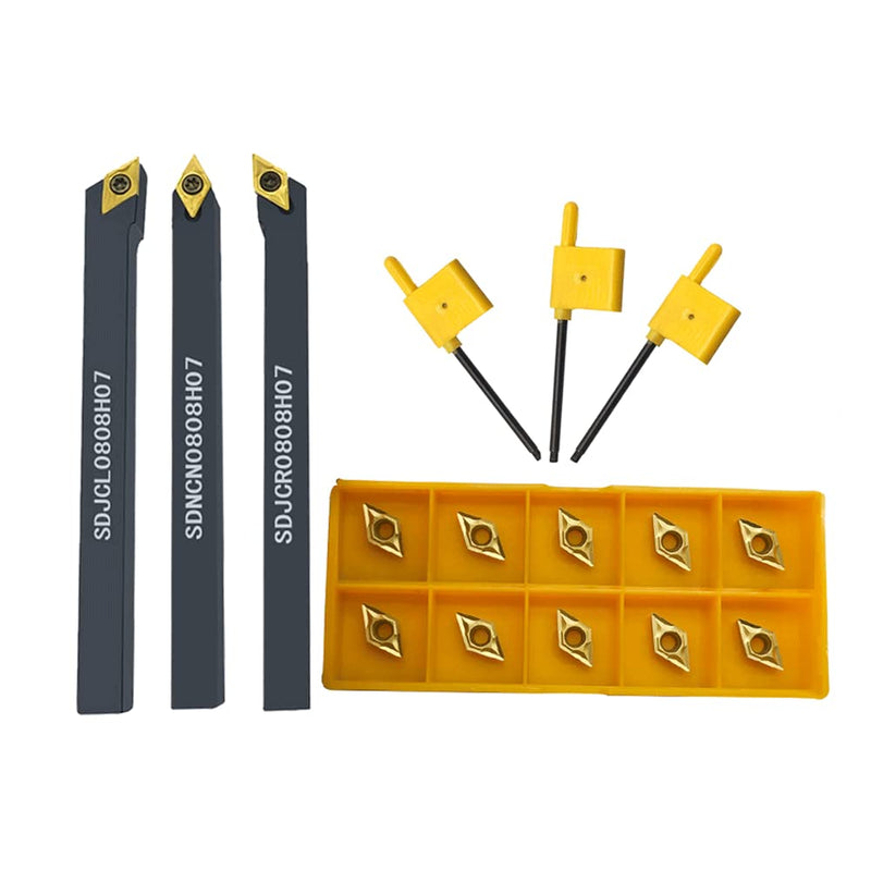 10pcs DCMT070204 DCMT21.51 Carbide Turning Inserts with 3pcs Indexable Turning Tool Holders SDJCR0808H07 + SDJCL0808H07 + SDNCN0808H07 CNC Lather Tools 3pcs tool holders + dcmt21.51