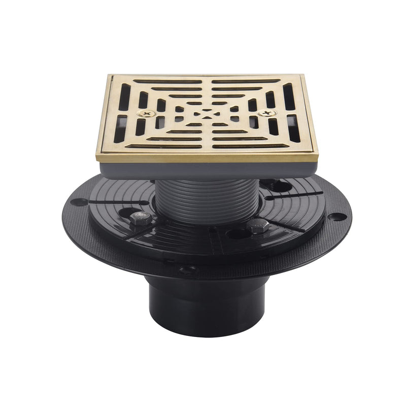 4-1/4 Inch Brushed Gold Shower Drain Square, Base with Adjustable Drain Flange Kit PVC, Removable Grille Strainer Drain Cover with Screws, SUS304 Stainless Steel Brass Face