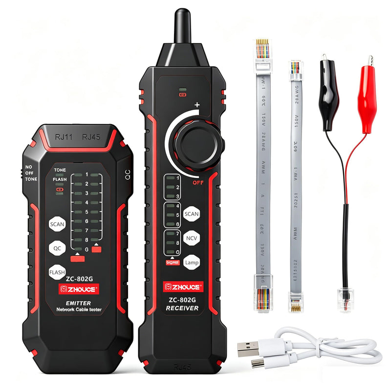 Network Cable Tester, RJ45/RJ11 Wire Tracer and Line Finder, Tone Generator Ethernet Cable Tester, Cable Tracer for LAN/POE /Cat5/Cat6 Networks, Cable Verification and Telephone Line Testing ZC-802G