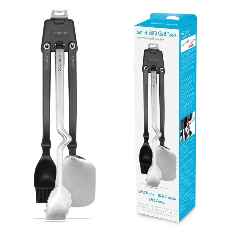 Dreamfarm Premium & Durable Barbecue Set with BBQ Brizzle, Clongs, Chopula, & Magnetic Utensil Holder - Stainless Steel