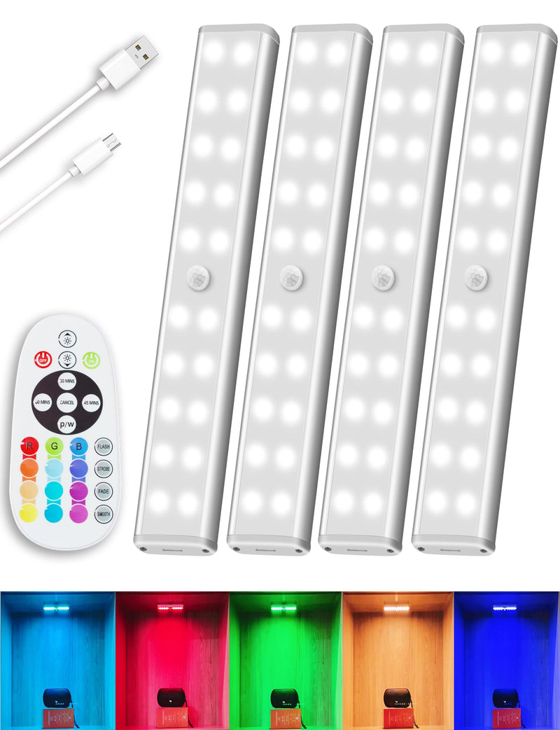 Under Cabinet Lighting Wireless Rechargeable Battery Operated LED Closet Lights Dimmable Under Counter Lights Bar with Remote, RGB Changing Perfect for Kitchen Bedroom Stairs, 4 Packs Remote Control Lights/ 4 Pack