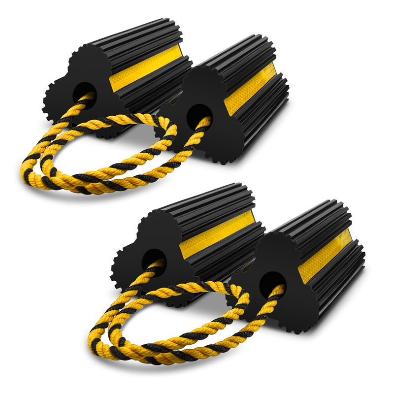 ROBLOCK 2 Pairs Wheel Chocks Heavy-Duty Rubber Wheel Block Non-Slip Base with Nylon Rope Yellow Reflective Tape - 4 Pack Wheel Stopper for Travel Trailers, Car, Camper, Truck, Black 4pack