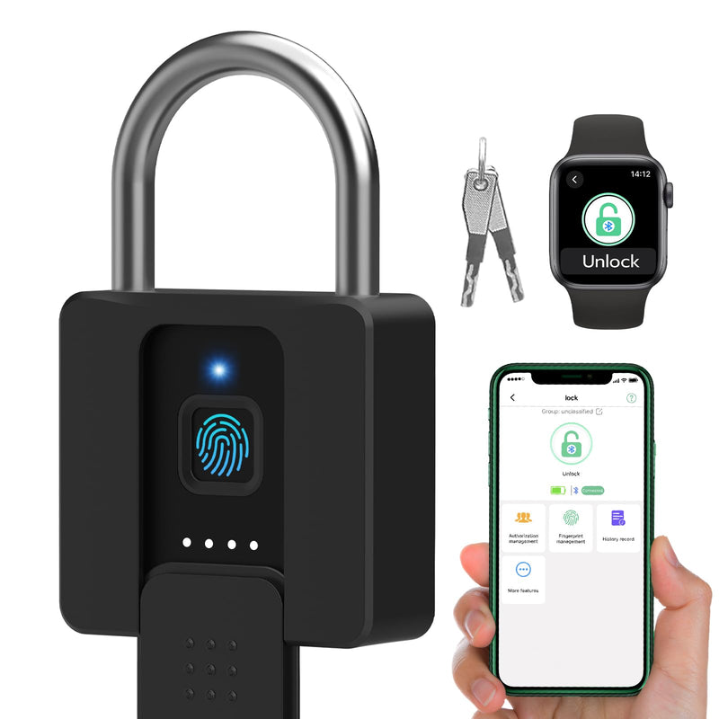Fingerprint Padlock, Dhiedas Pad Lock with Fingerprint Bluetooth Key Waterproof Heavy Duty Combination Lock for Outdoor Fence Gate Shed Warehouse Gym Storage Yard 1.6 Inch Shackle