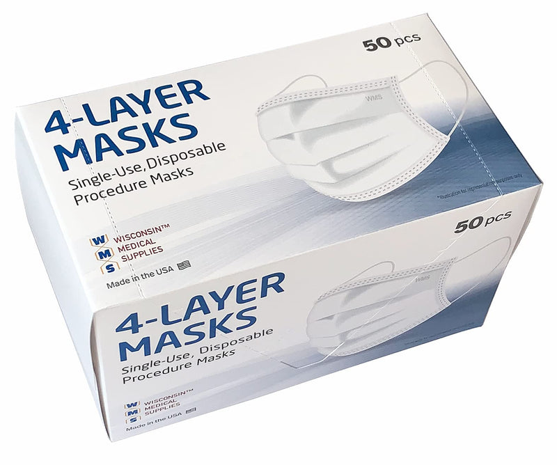WMS 4-Layer Face Masks, Wisconsin Medical Supplies, MADE IN USA, 1 Pack (50 Masks)