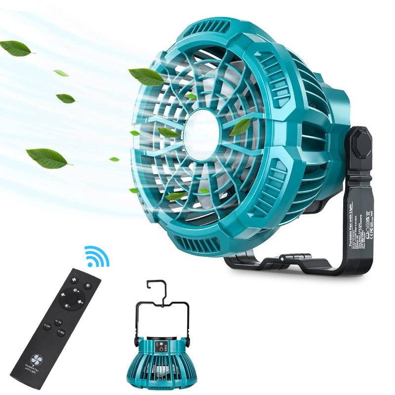 Fan for Makita 14.4V-18V Li-Ion Battery, Portable Camping Fan with Remote, 3 Speed Brightness, 4H Timer, Foldable Hook Rechargeable Cordless Jobsite Small Personal Fan