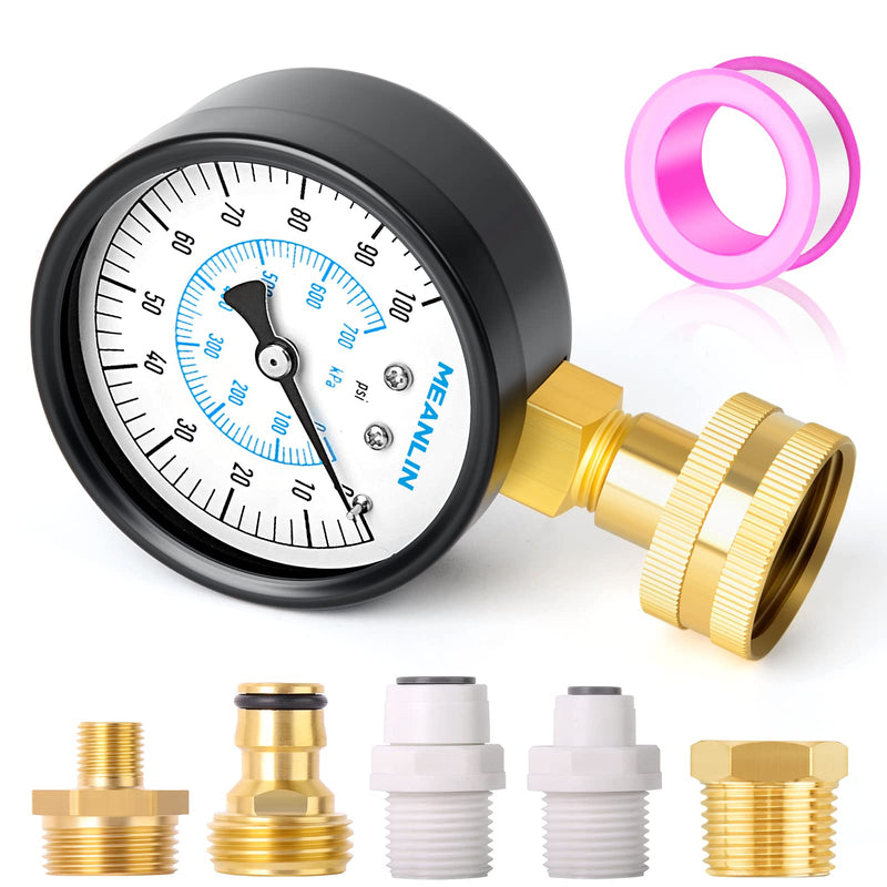 MEANLIN MEASURE 0~100Psi 3/4" Female Water Pressure Kit Plus 5 adapters, 2.5" FACE DIAL Multi-Purpose Pressure Gauge Kit, Hydraulic Tester,Suitable for Gardens, Water Pipes, etc 0-100Psi (With Fittings) No Liquid
