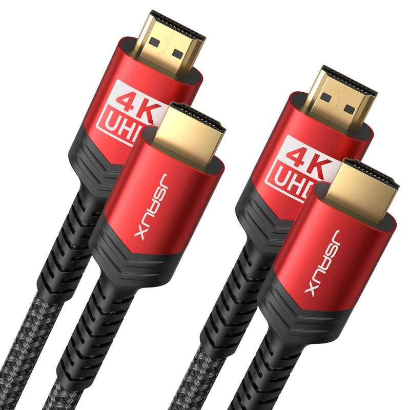 4K Long HDMI Cable 2 Pack 25 ft, JSAUX 18Gbps High Speed HDMI 2.0 Braided Cord, 4K 60Hz HDR, 2K 1440P 144Hz, 1080p, HDCP 2.2, 3D, ARC, Ethernet Compatible with Monitor Smart TV PC PS5 PS4 Blu-ray -Red Standard 25ft Red