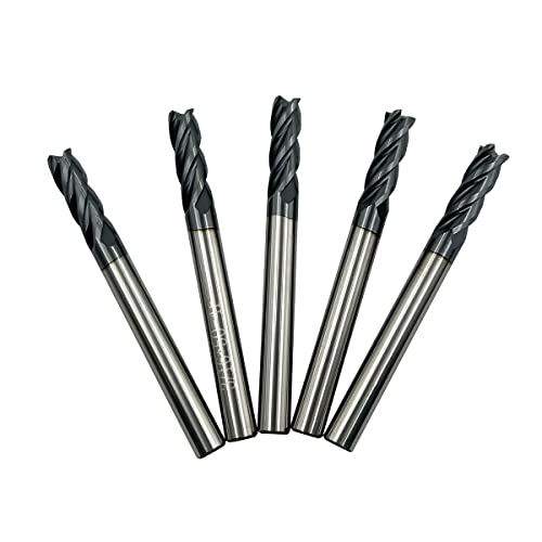 5PCS Carbide Square End Mill Bits Set, Milling Bits Cutter 3/16 Carbide End Mills for Alloy Steels/Hardened Steels, HRC 45 Deg Single End 4 Flute AlTiN Coating, 3/16 in