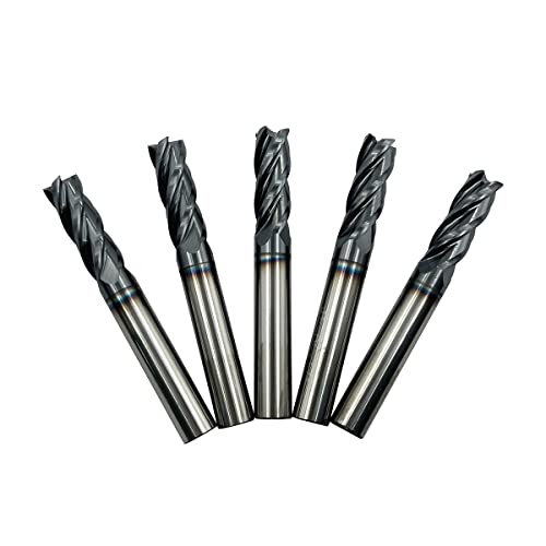 5PCS 1/4 inches Carbide Square End Mill Bits Set, Milling Bits Cutter Carbide End Mills for Alloy Steels/Hardened Steels, HRC 45 Deg Single End 4 Flute AlTiN Coating, 1/4 in 5